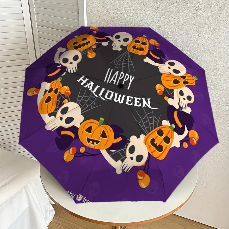 1pc Halloween Skulls Pumpkins Wreath Design Umbrella with Plastic Handle,Suitable for All Seasons Home Travel Outdoor UmbrellaDD1381