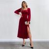 2024 European & American Women's Sexy Slit Velvet Dress with Square Neck & Puff Long Sleeves