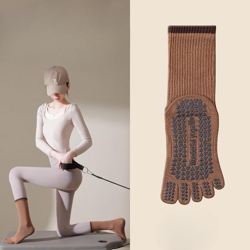 Yoga Socks - Five-finger Mid-calf Winter and Autumn Fitness Sports Toe-separation Socks with Anti-slip and Moisture-absorbing Properties Long Socks