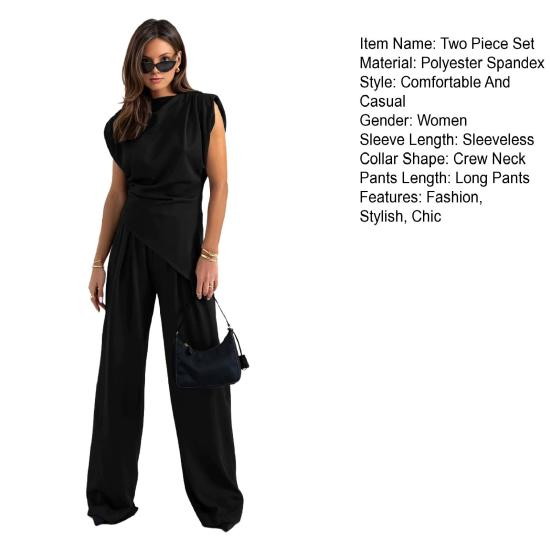 Women Two Piece Outfits Summer Sleeveless Irregular Hem Top And Wide Leg Pants Set Casual Business Office Set
