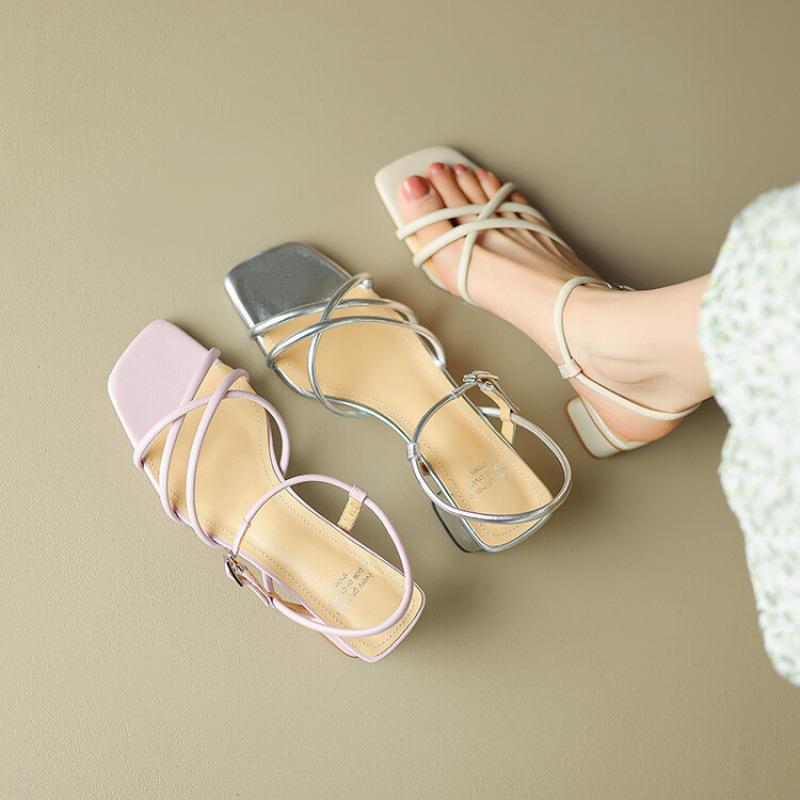 New buckle thick heel sandals women's summer women's leather one-word sandals square head non-slip beef tendon sole large size women's shoes