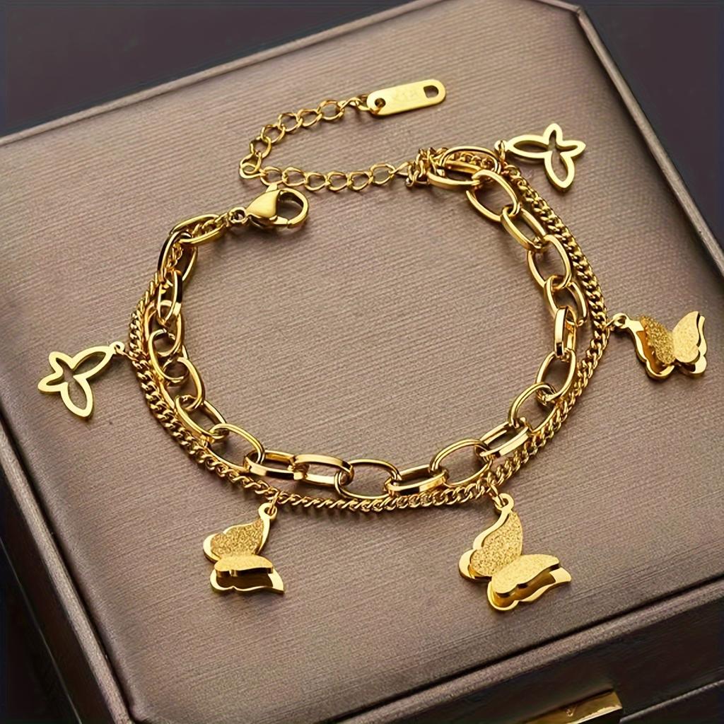 Elegant Vintage-style Stainless Steel Layered Bracelet with Unique Butterfly Accents Is Perfect for Everyday Wear