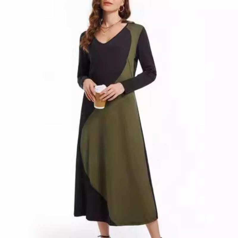 Spring and Autumn Women's Collision Splicing V-neck Long-sleeved Dress Temperament and Elegance Dress