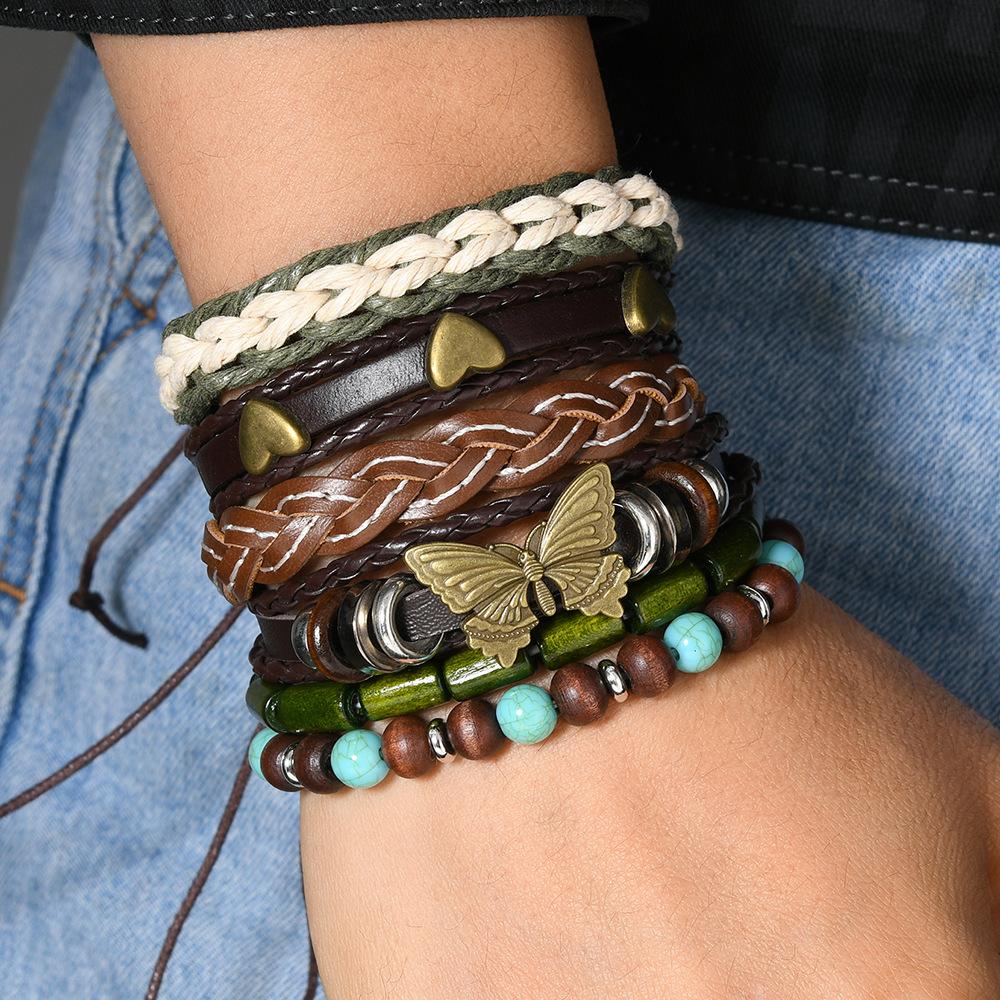 Leather Bracelets for Men Women Handmade Wrap Woven Cuff Bracelets Wooden Beaded Bracelets Vintage Ethnic Tribal Wristbands Bracelet Set Adjustable