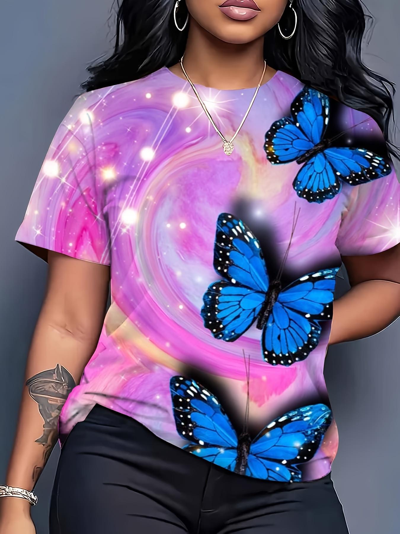 

Women s Butterfly Print T-Shirt - Loose Fit Crew Neck Short Sleeve Casual Top. Vibrant Pink and Blue Butterfly Design. Comfortable Fit for SpringSumme 3XL дубильная кора