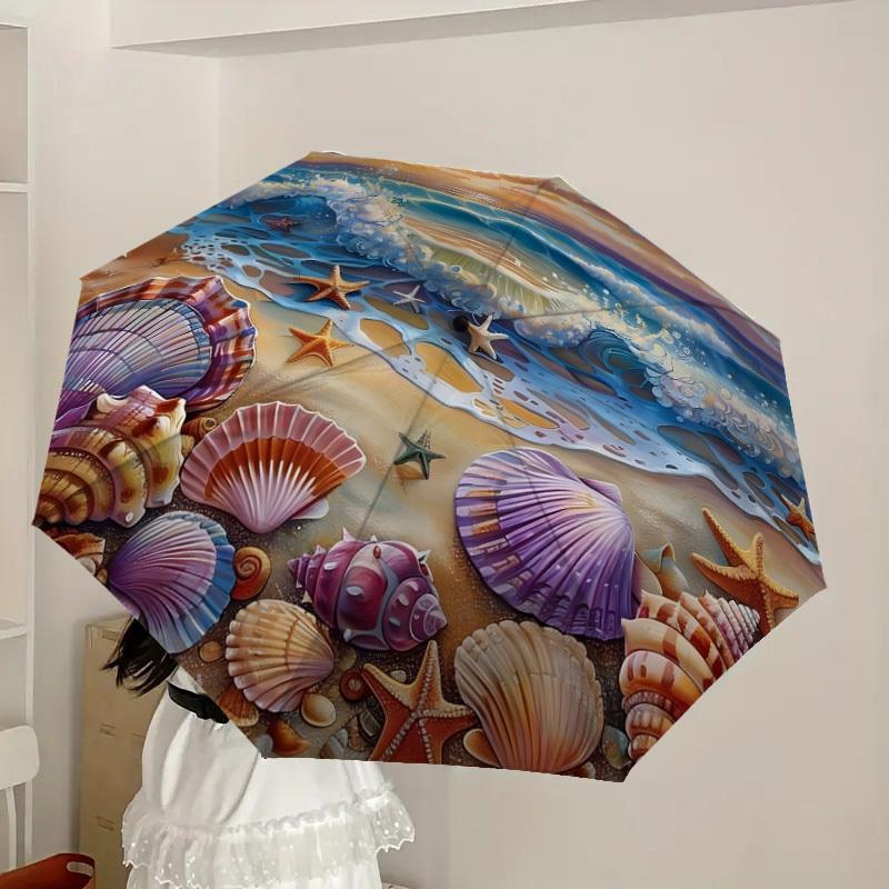 1pc Seashells and Starfish Beach Scene Umbrella with Plastic Handle,Suitable for All Seasons Home Travel Outdoor UmbrellaDD1461