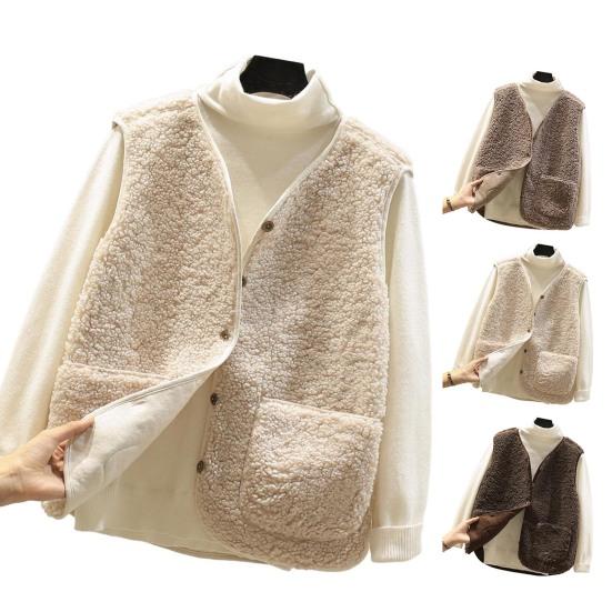Women Autumn Winter Vest Coat Solid Sleeveless Faux Color Lamb Wool Waistcoat Short