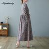 Korean Style Autumn Spring Women Midi A-Line Dress O Neck Floral Print Lace Up Dress Long Sleeve Elegant Ladies' Dress