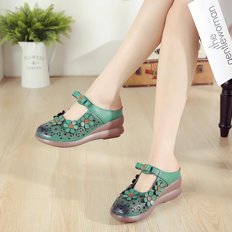 New Summer Top Layer Cowhide Sponge Soles Women's Shoes for Women's National Style Genuine Leather Flowers Slippers Breathable