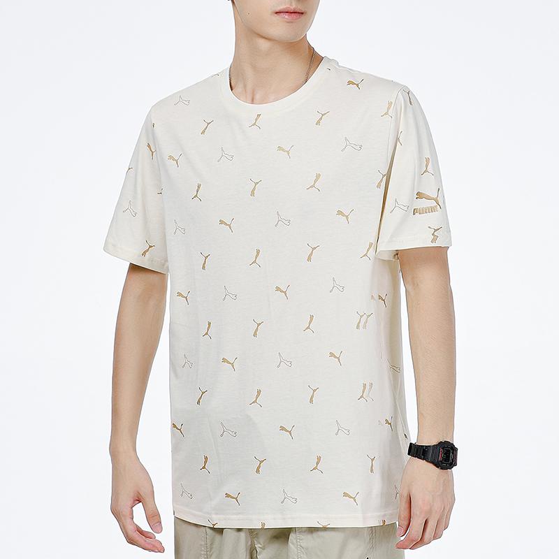 Puma Logo Print Sports Round Neck Short Sleeve T-Shirt Men Tops Beige 533142-73