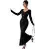 Women's Long-sleeved V-neck Black Row of Buttons Slim Fishtail Dresses