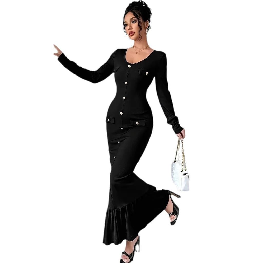 Women's Long-sleeved V-neck Black Row of Buttons Slim Fishtail Dresses