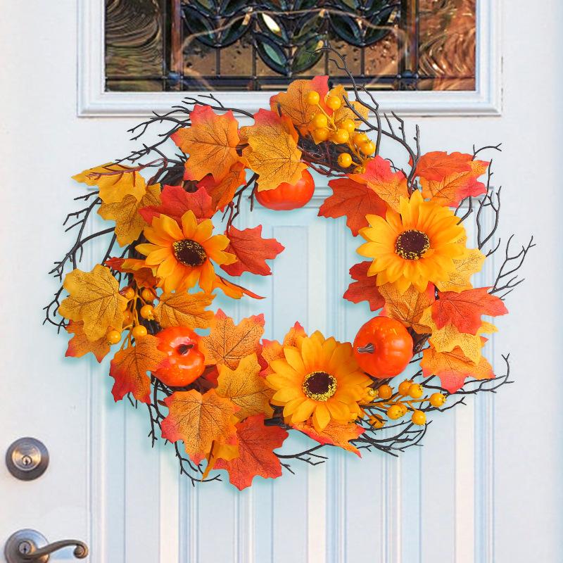 Halloween Harvest Festival Home Decoration Pumpkin Berry Door Hanging Vine Ring Thanksgiving Maple Leaf Wreath Decoration