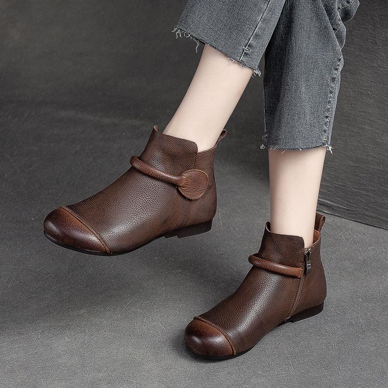 

Autumn/Winter Soft Sole Genuine Leather Ankle Boots - Flat Heel, Pure Cowhide, Handmade Adult