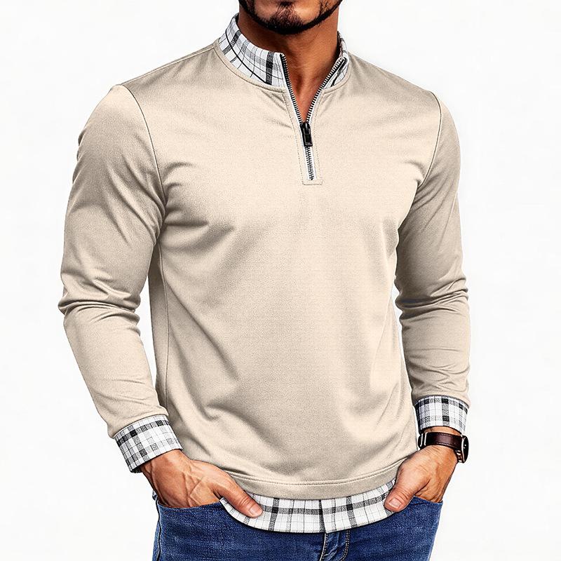 

Men Casual 1/3 Zip Mock Neck Long Sleeve Shirt Loose Fit Plaid Patchwork Sportswear Layered Look Pullover Top M хаки