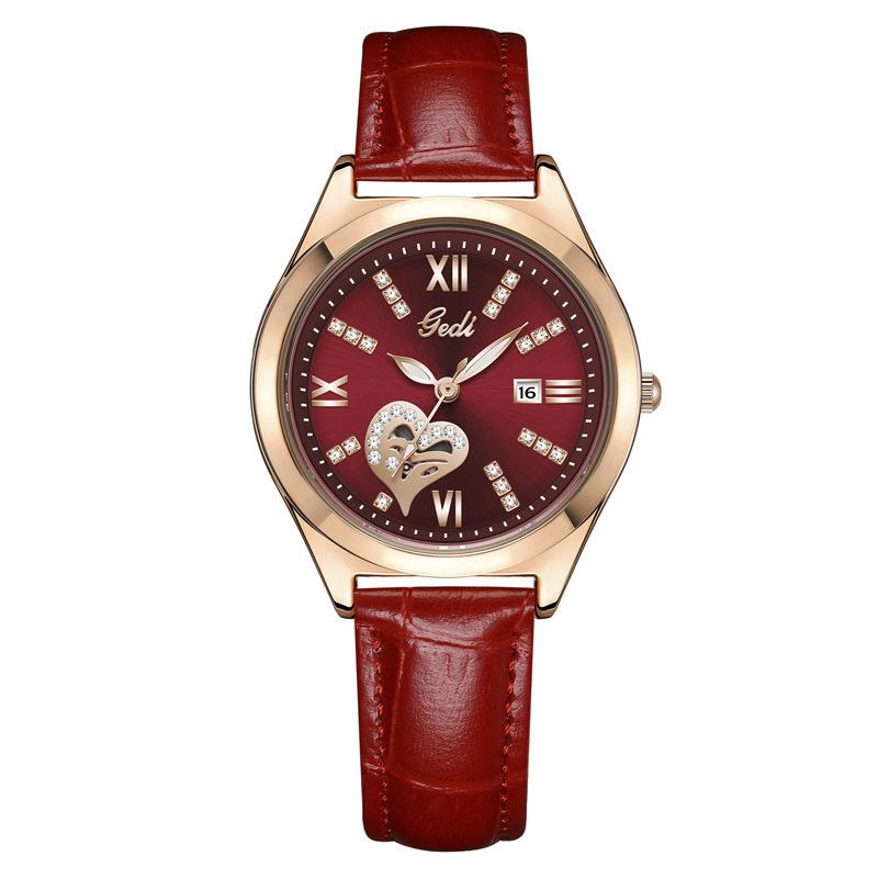 Premium Calendar Watch, Light Luxury Diamond-Encrusted High-Value Hollow Women S Watch, Bright Red Leather Quartz Watch