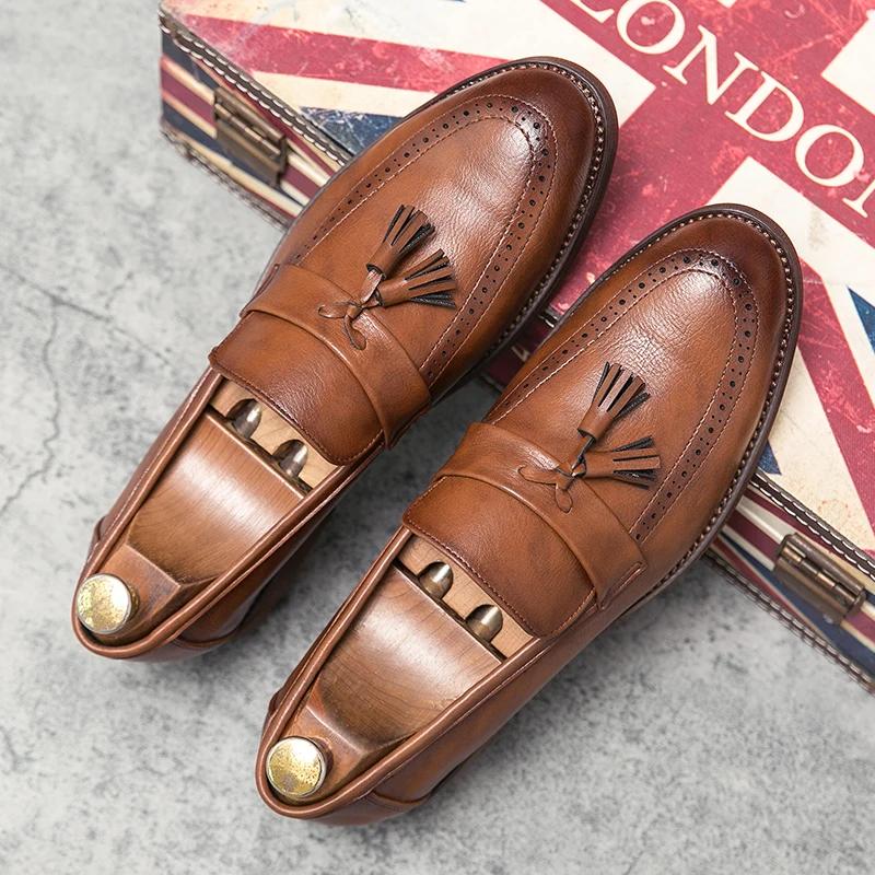 2026 Autumn New Men Dress Shoes Design Brand Shoes Classic Tassel Brogue Slip On Loafers Oxfords Hand Stitch Big Size 38-47 Flat