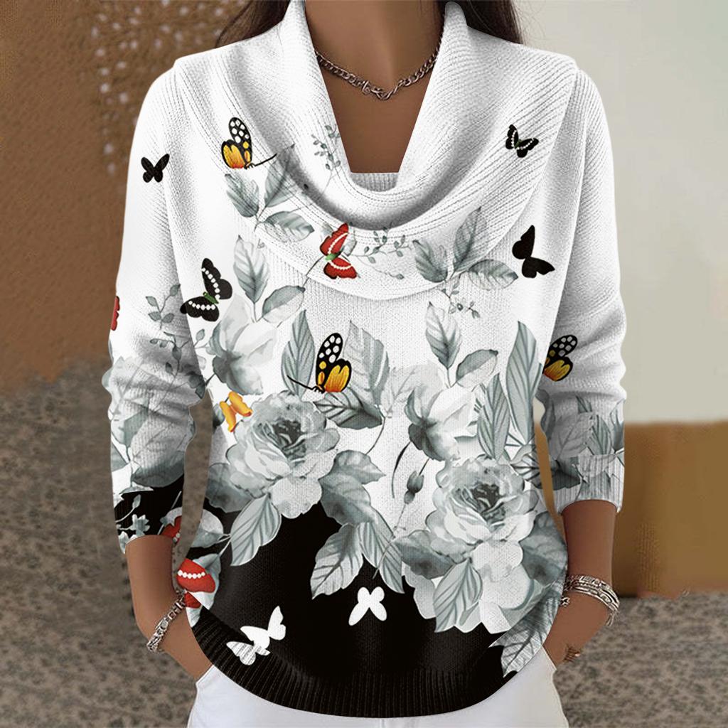 Dámský ležérní a módní svetr s dlouhým rukávem a potiskem, kulatým výstřihem