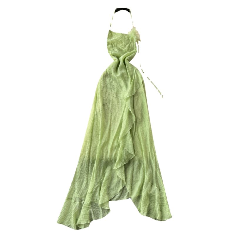 Seaside Holiday Sexy Halter Backless Dress Women's Summer Tight Waist Elegant Asymmetrical Ruffles Chiffon Dress