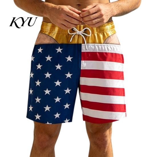 Summer Party Tricky Swimwear Hairy Big Booty Shorts, USA Flag Print Men Swim Trunks, Golden Funny 3D Visual Effect Shorts Briefs Design, Beach
