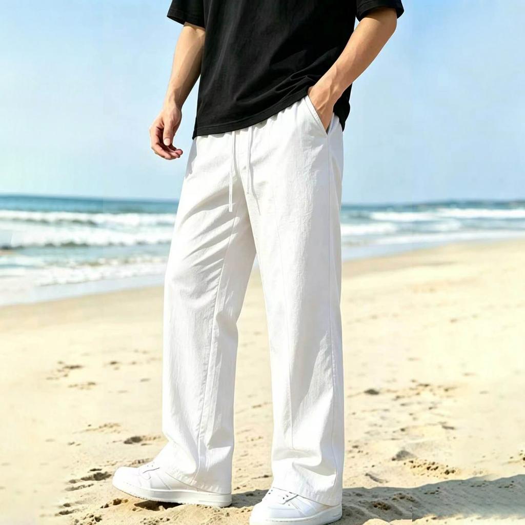 Men's Cotton Linen Loose Fit Wide Leg Long Pants for Casual Everyday Wear