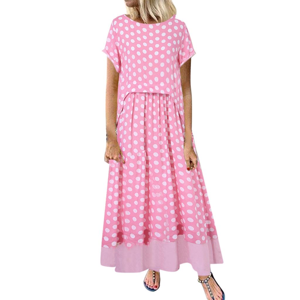 Women Polka Dot Fake Two Pieces  Short Sleeve Summer Plus Size Maxi Dress