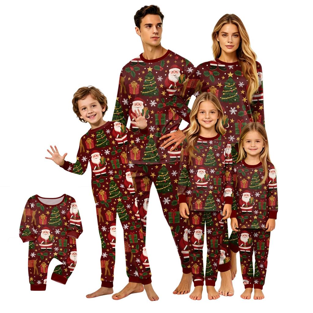 Christmas Printed Family Matching Long Sleeve Neck Loungewear Set for Parents and Kids