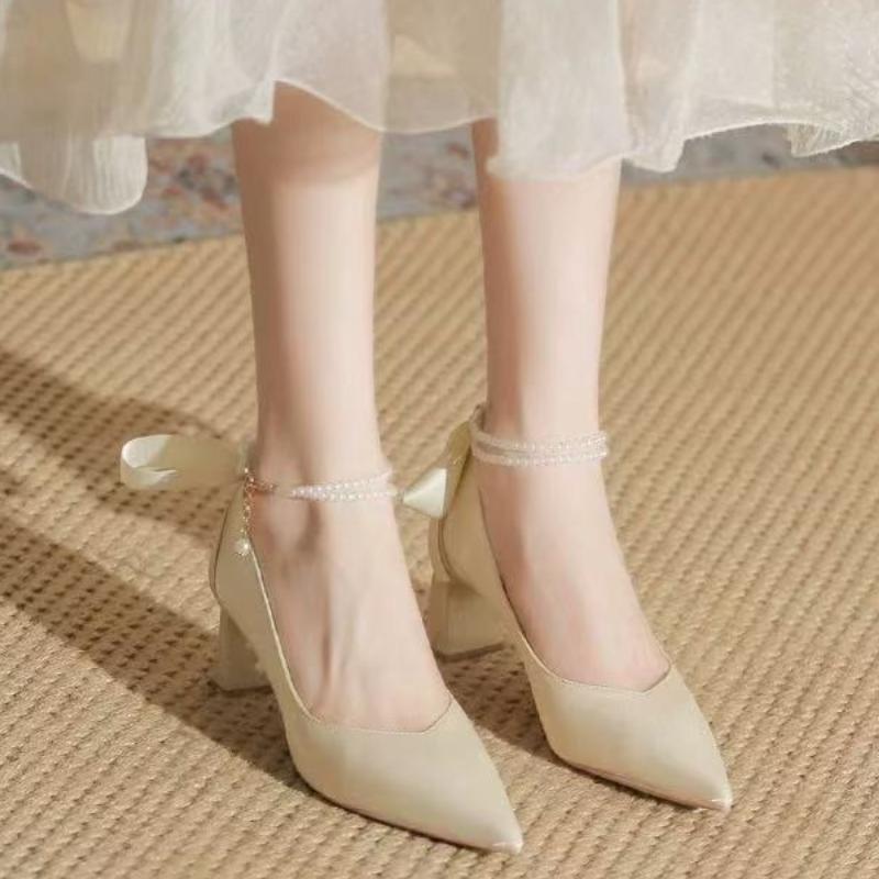 Woman Footwear Beige Pearl Wedding Bride Shoe High Heels Pointed Toe Block Heel Shoes for Women Non Slip Fashion High Heels