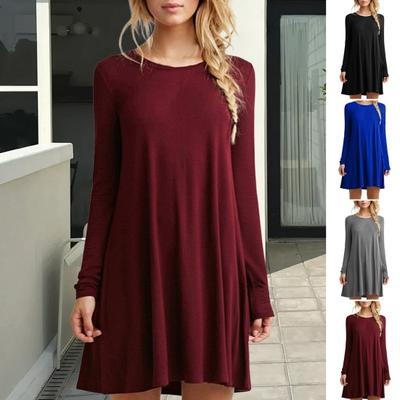 Herbst Frühling Damen Kleid Rundhals Locker Lange Ärmel Reine Farbe A-Linie Plissee Minikleid Lässig Alltagskleidung Schule Arbeit Kurzes Kleid