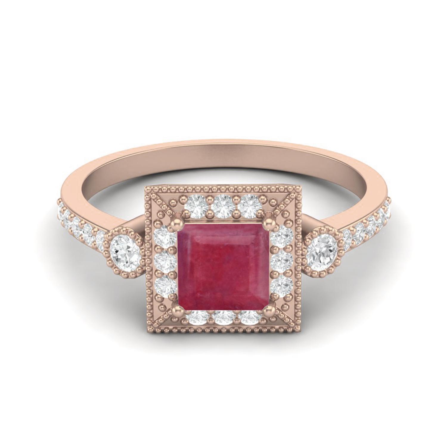 1.32 Cts Ruby Square Shape Solitaire Accent 925 Sterling Silver Rose Vermeil Women Wedding Ring 7