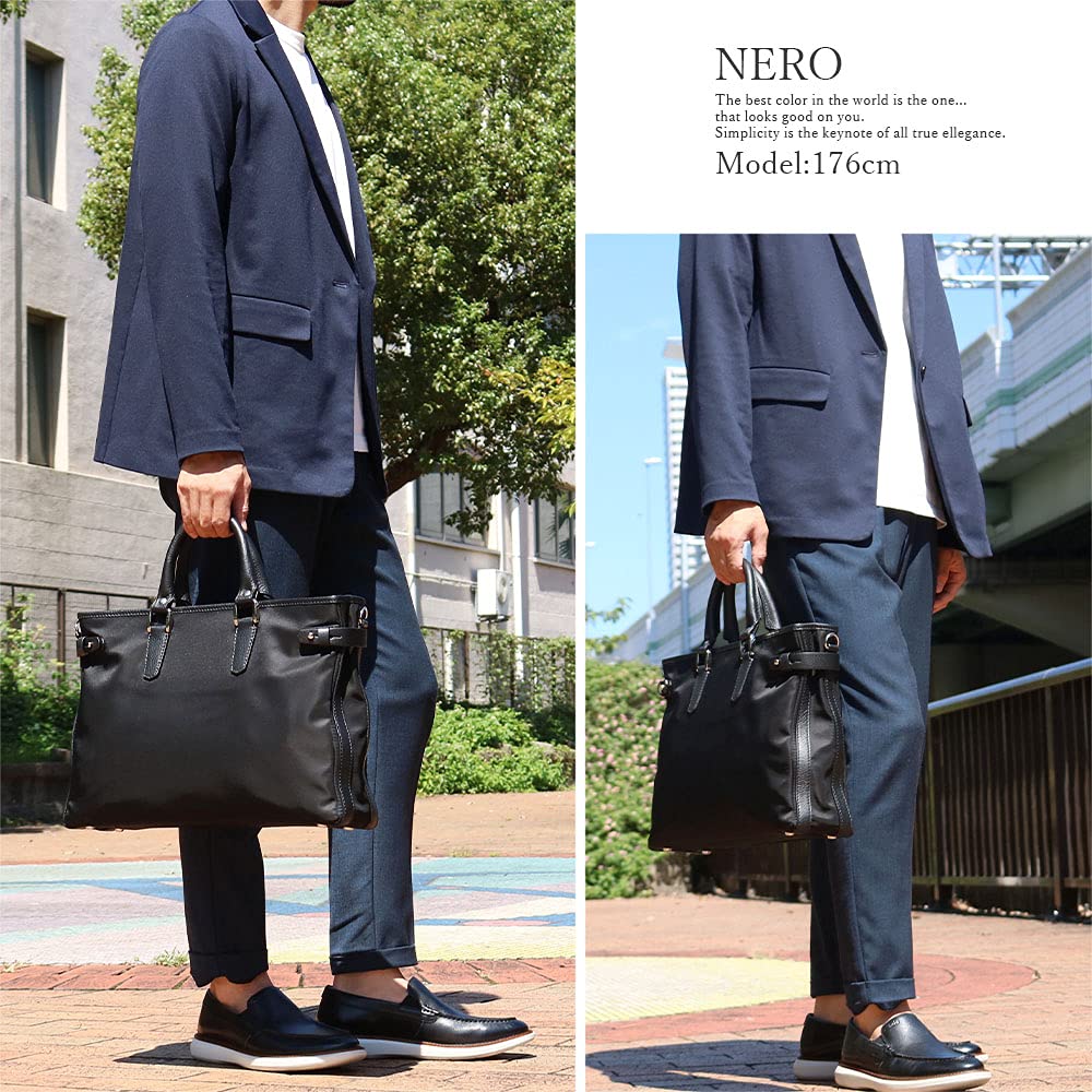 STEFANOMANO Limonta Nylon and Genuine Luxury Large Made in Italian Leather Business Commuter Shoulder Office 2-Way Briefcase, Leather, Men's Capacity,