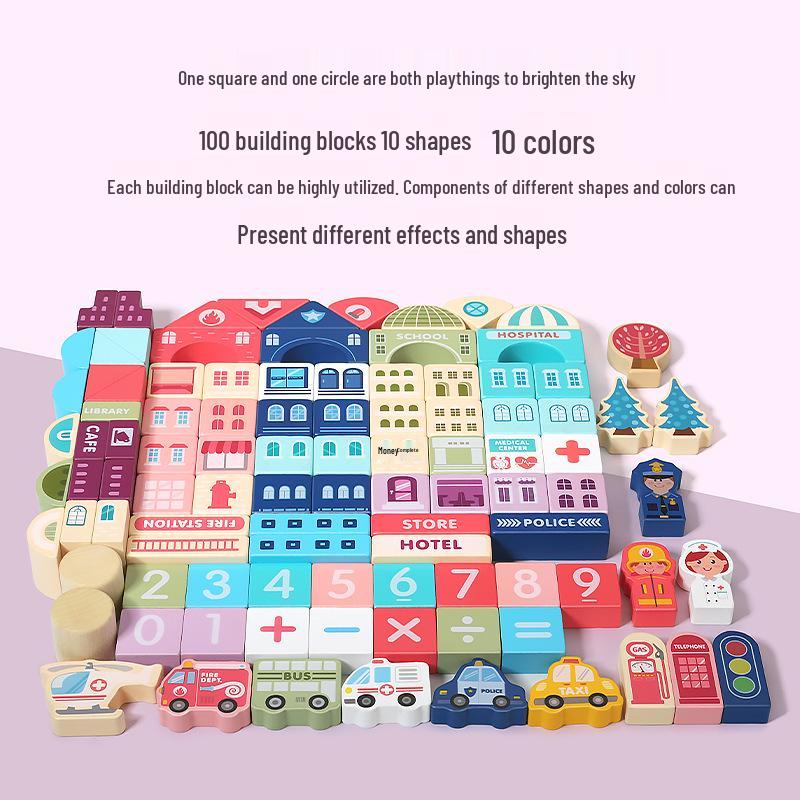 100-Piece Wooden City Street Building Blocks for Kids, Ages 1-3