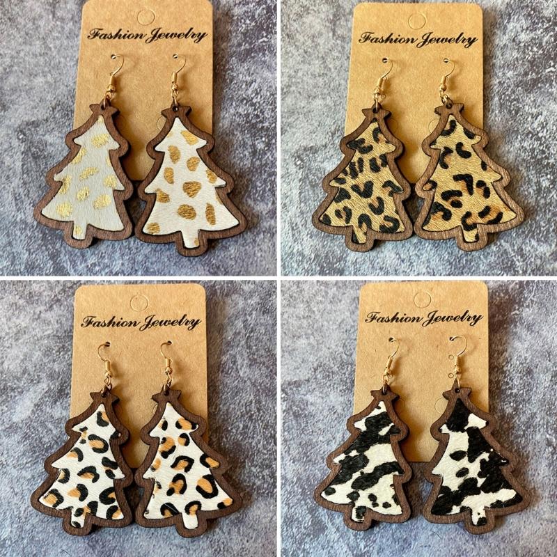 Wood Christmas Tree Dangle Earrings Women Leopard Grow Print Genuine Leather Christmas Earring New Year Ear Jewelry Gift