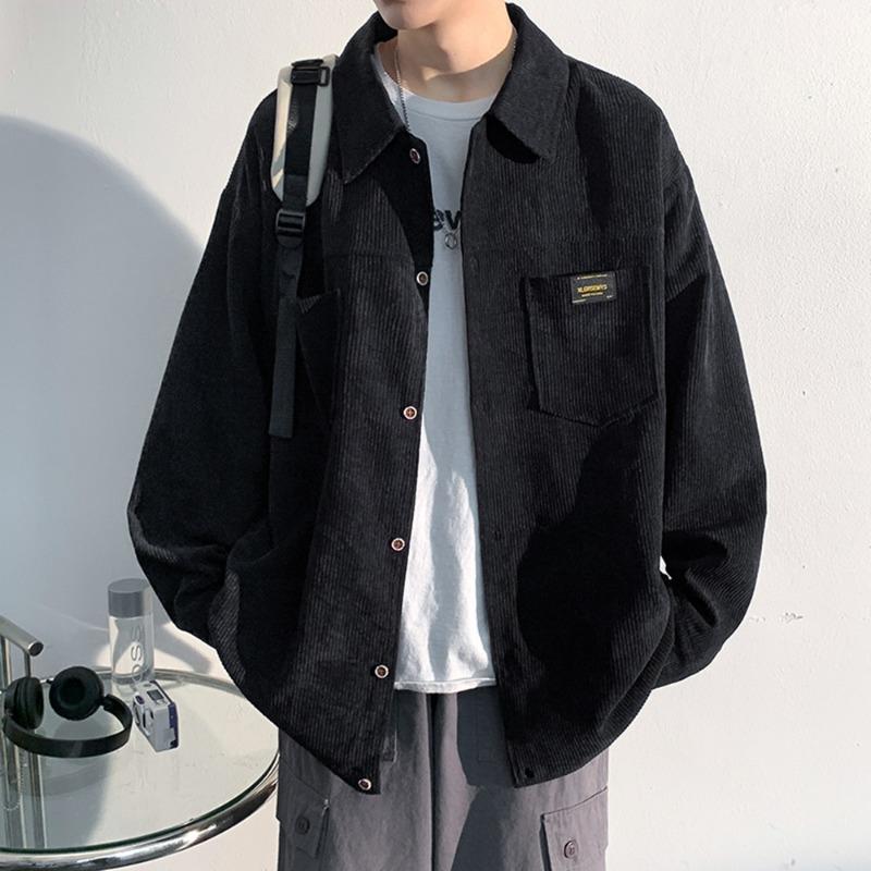 

Men s Beige Corduroy Long Sleeve Shirt Casual Label Detail Streetwear Top M чёрный