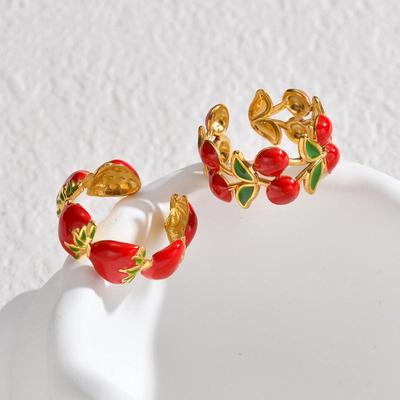 Fashion Fruit Style Stainless Steel Open Ring Enamel Strawberry Cherry Design Sweet Daily Party Female Jewelry Gifts