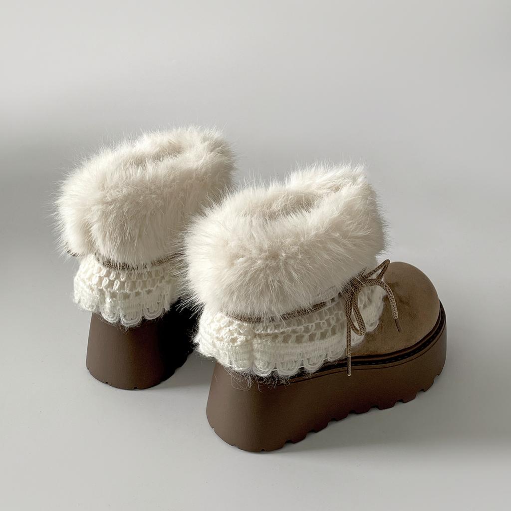 Women's Thick Sole Fuzzy Snow Boots, Lace Decor Autumn Winter Warm Cross-Border Sweet Short Boots