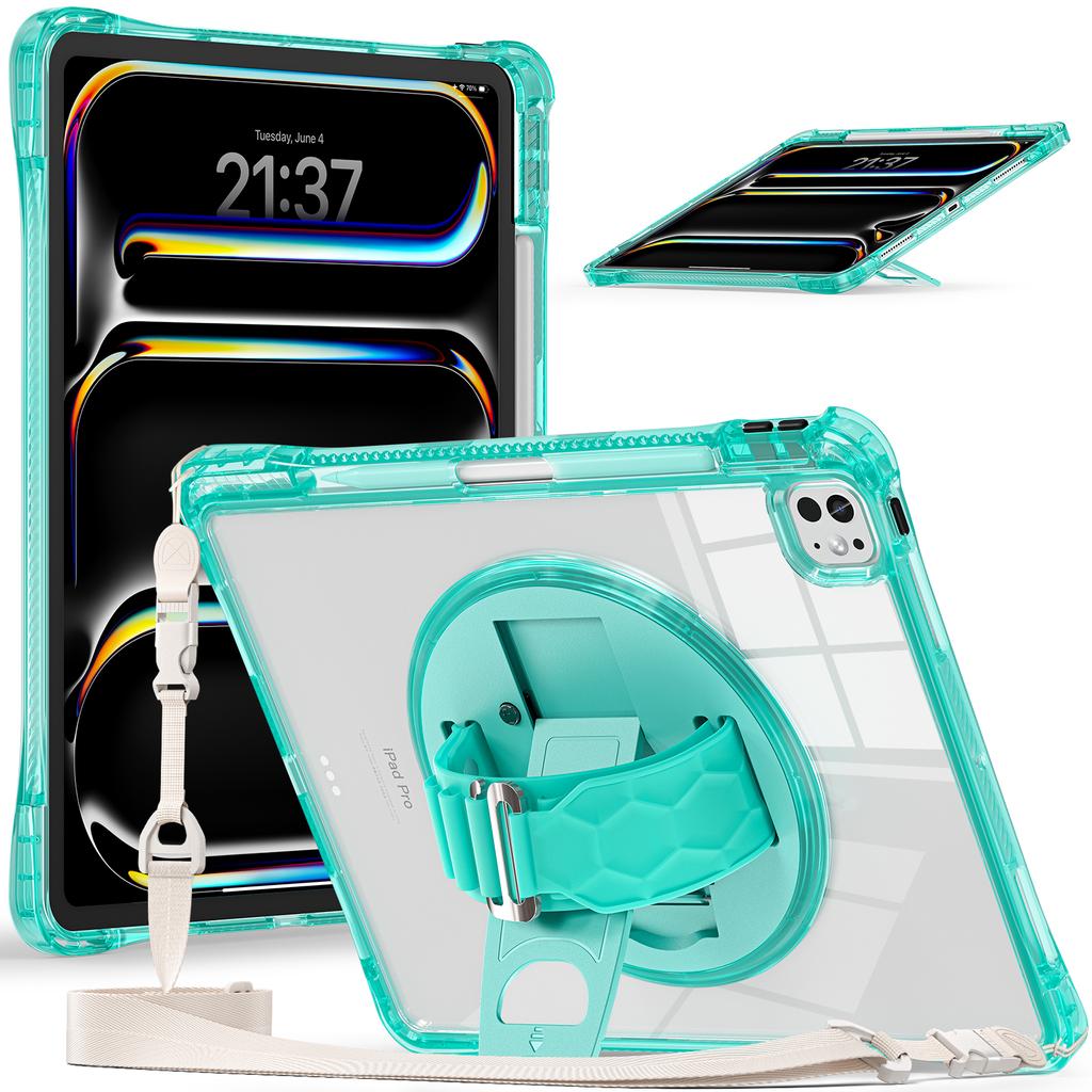 For iPad Pro 13 (2024) Kickstand Case Hand Strap PC+TPU+Acrylic Cover with Shoulder Strap