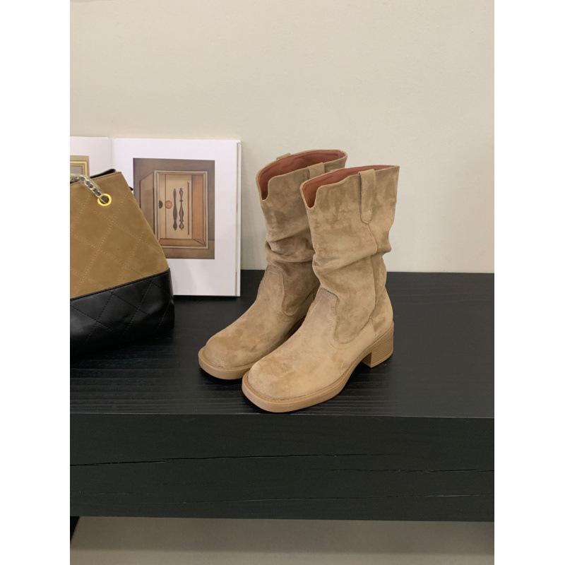 Korean Version of Round Head Pleated Suede Pleated Piled Boots Women's 2025 New Fashion Thick-soled Sleeve Comfortable Fashion Boots