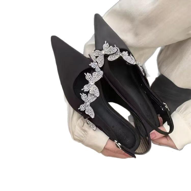 French light luxury rhinestone bag head sandals women's 2025 new satin pointed stilettos temperament thin low-heeled single shoes