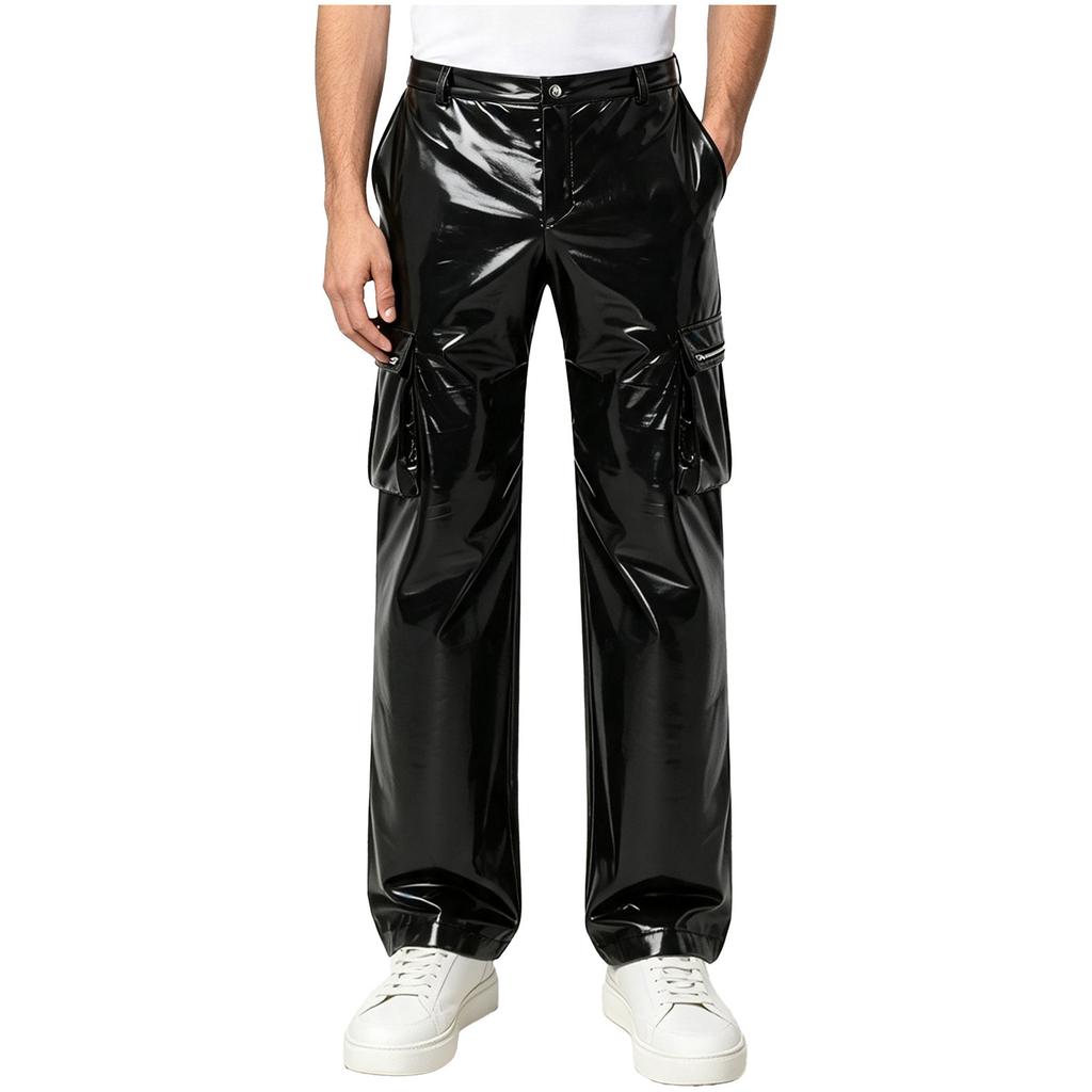 Mens Glossy PU Leather Cargo Pants Multi Pocket Straight Leg Punk Trousers Y2k Streetwear