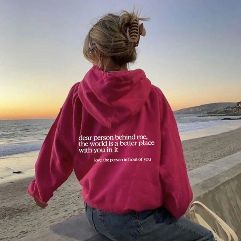 Women'S Fleece Shoulder Sleeve Sweater Letter Slogan Printed Kangaroo Pocket Drawstring Printed Hoodie
