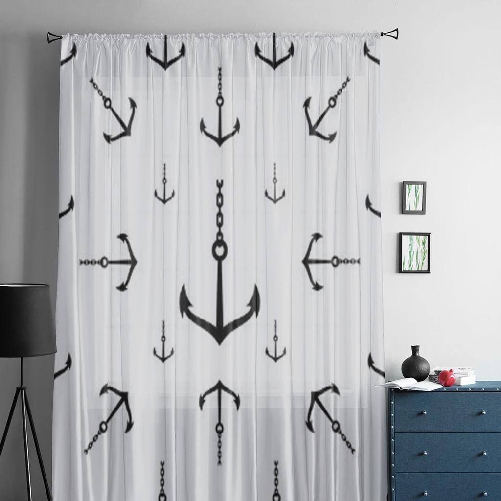 Anchor Icon Pattern Tulle Curtains For Living Room Decoration Modern Veil Chiffon Curtains Bedroom Sheer Voile
