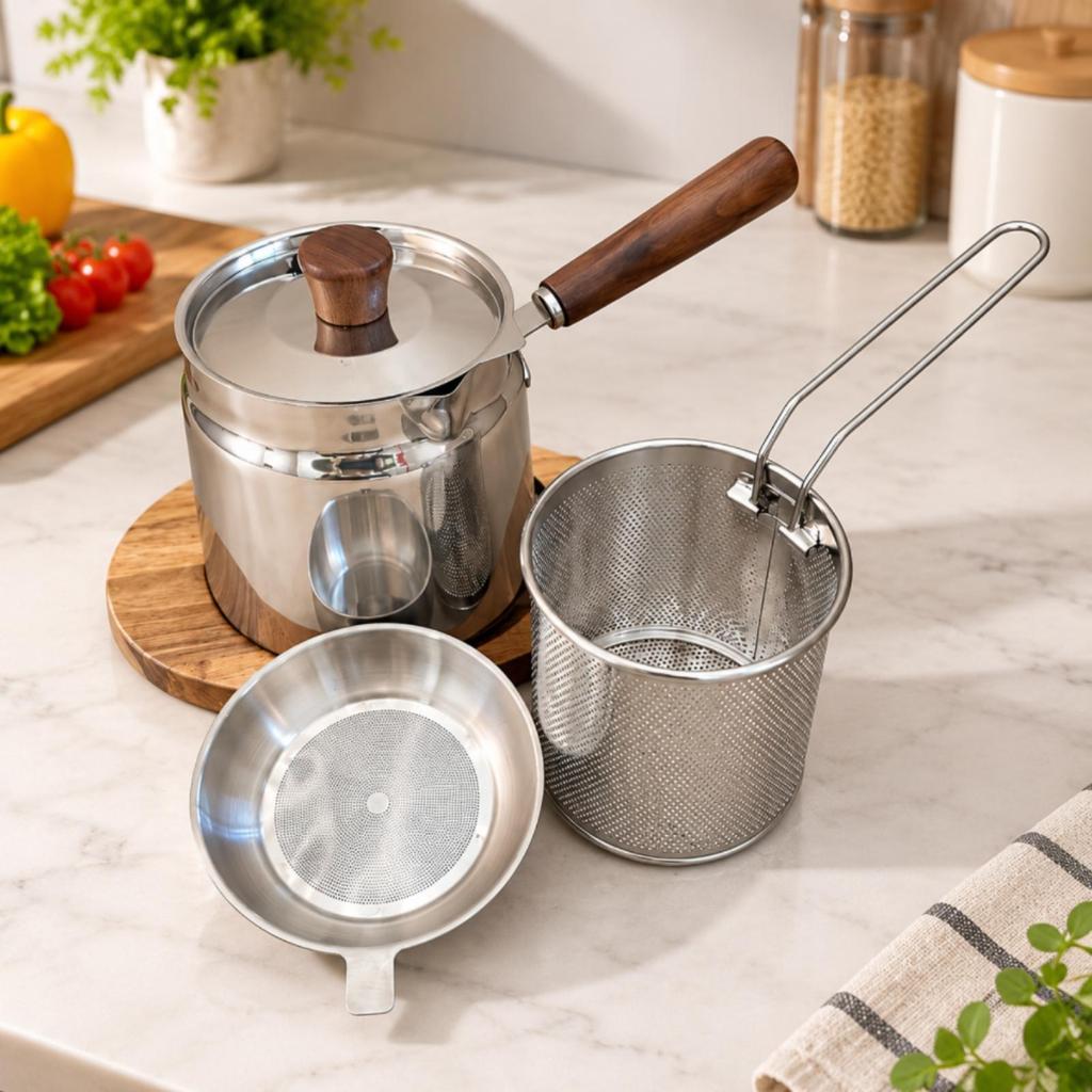 Stainless Steel Frying Pot Uncoated with Wooden-Look Handle Stovetop