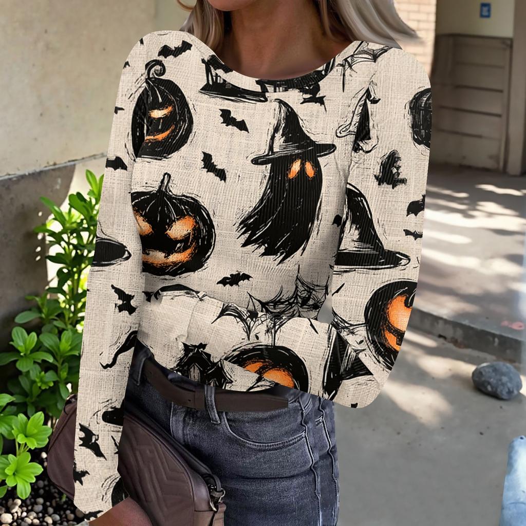 Women's Casual Long Sleeve Ribbed Knit Top Halloween Print Round Neck Slim Fit Stretchy Pullover Shirt for Fall Season