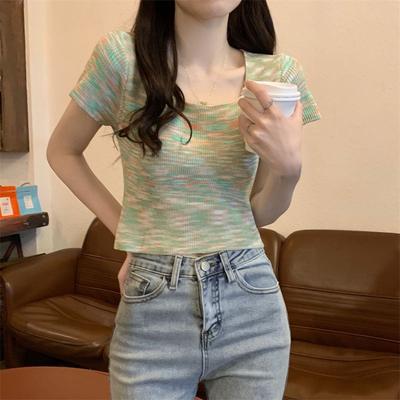 Rainbow Striped Soft Square Neck Short Sleeved T-shirt for Women In Summer Short Knit Top