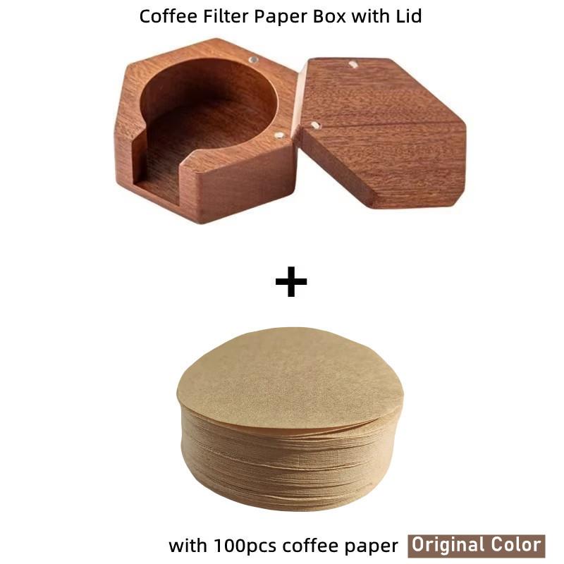 51/53/58mm Coffee Filter Paper Box Solid Wood Round Mocha Pot Filter Paper Box with Cover Lid Coffee Paper Filter Storage Box