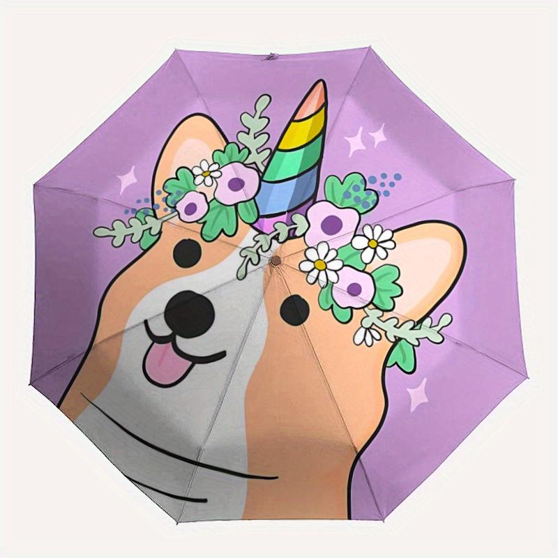 1pc Unicorn Corgi Automatic Folding Umbrella Portable Collapsible Design, 8-Rib Iron Frame, Durable Fabric, All-Season Casual Outdoor 145