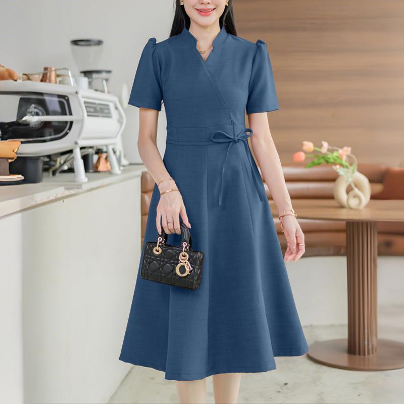 

ZANZEA Women Elegant Casual V-neck Summer Short Sleeve Dress 5XL синій