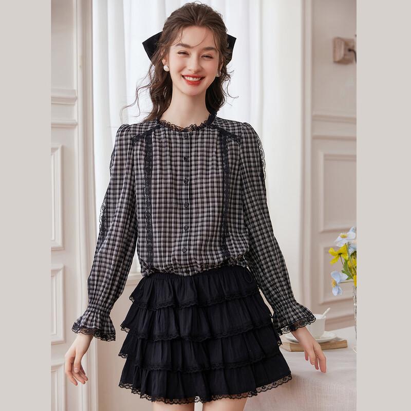 Women's Lace Patchwork Plaid Blouse