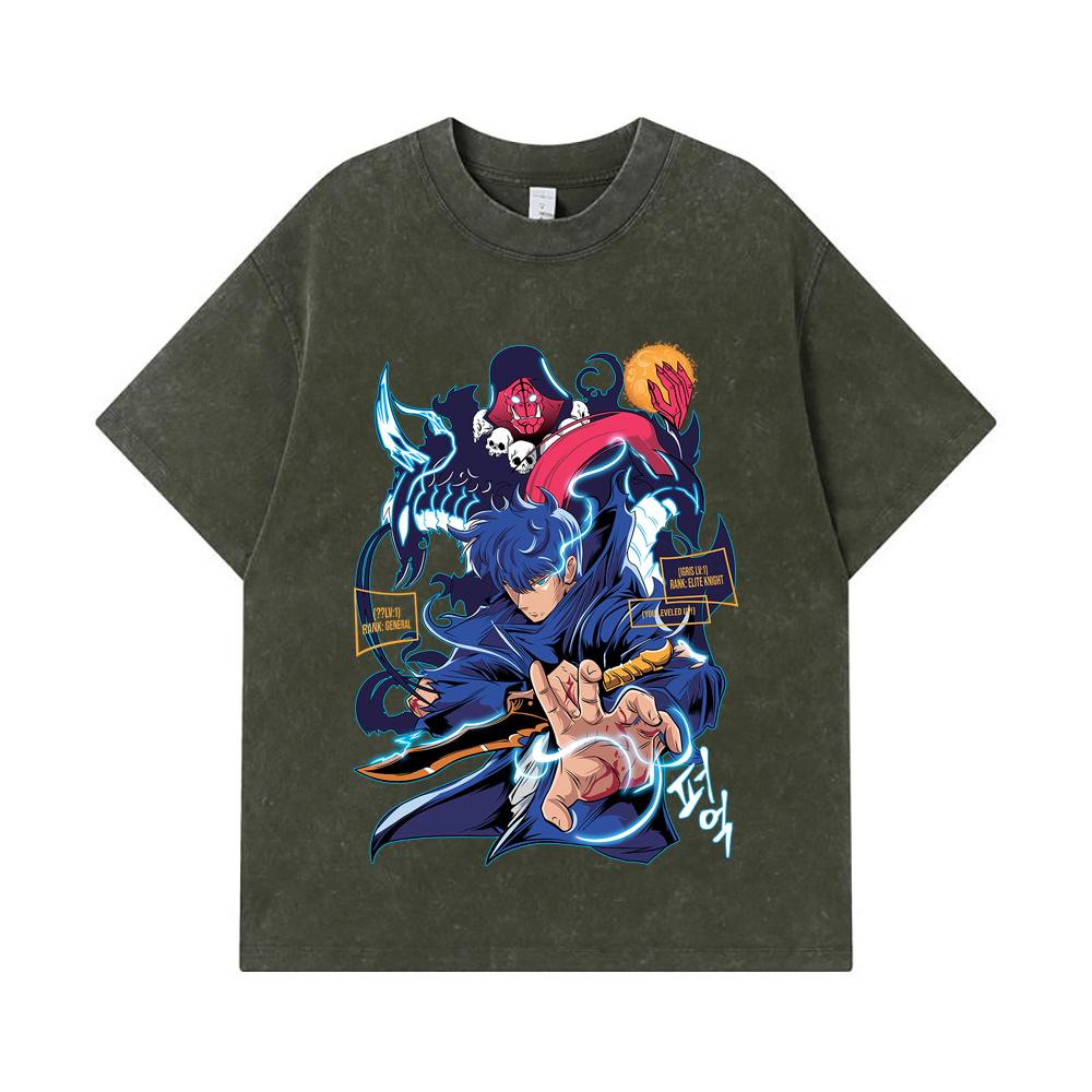 275 GSM Washed T-shirts 100% Cotton Solo Leveling V14 Print Unisex Heavy Cotton T Shirt